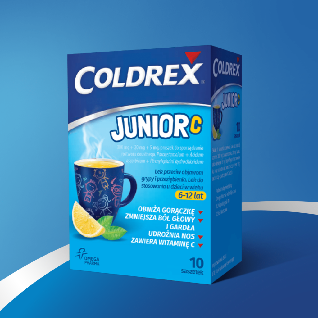 Coldrex Junior w saszetkach - grafika z produktem.